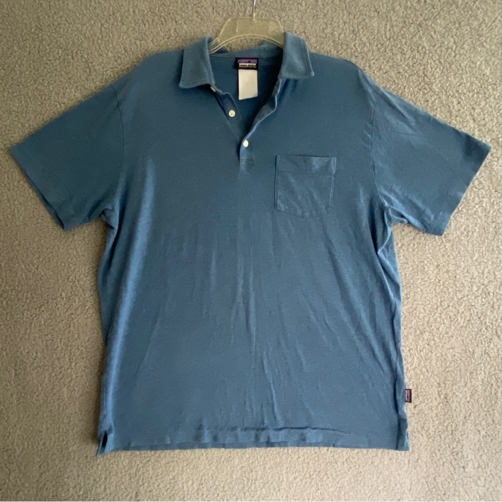 Patagonia Organic Cotton Polo Shirt Mens Size L Blue Short Sleeve Logo